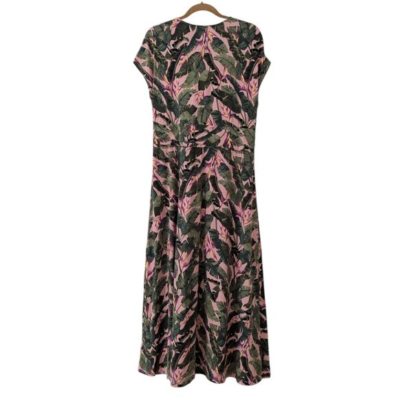 Land's End XL Sz 18 Maxi Dress V Neck Palm Leaves Pink Green Tropical Crossover - Picture 4 of 9
